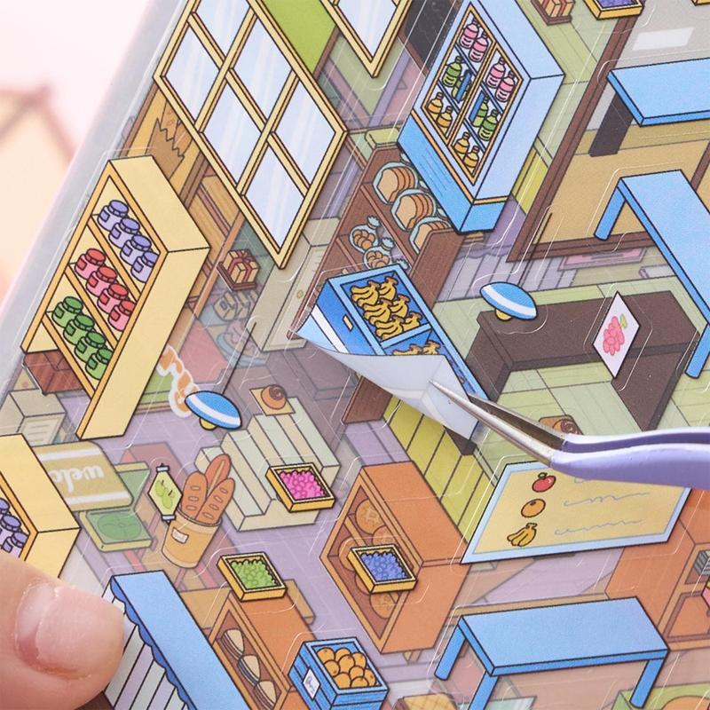 Christmas Gift,minature house kit,3D DIY Miniature World Set, Scene Card Paper, Stickers, and Background Cards, Decorative Sticker Album, Gift Packaging Set, 3D Cartoon House DIY Landscape Decoration Sticker Book, Sticker Packs