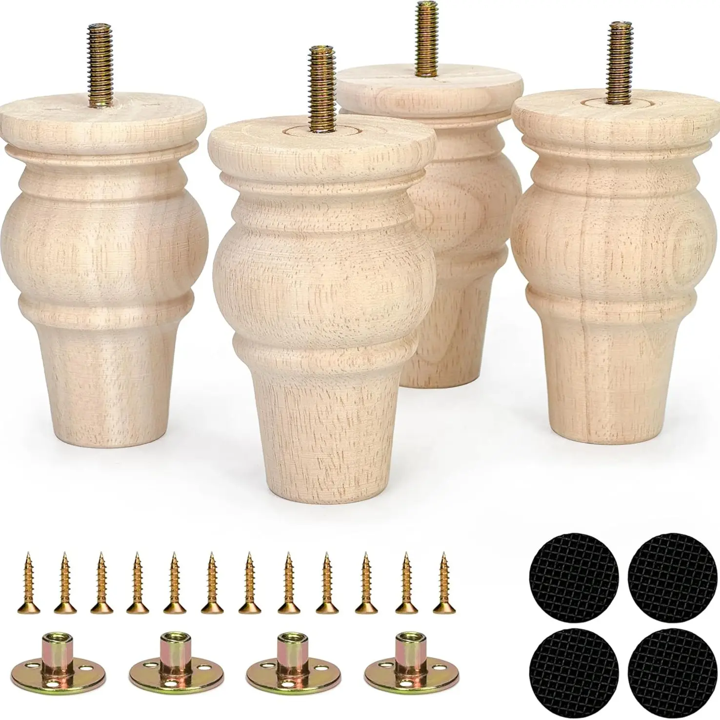 4 Inch Wooden Furniture Legs, Set of 4 Unfinished Round Wood Feet Pads, Suitable for Sofa, Chair, Dresser, Desk, Cabinet, Bed Frame, Bookcase