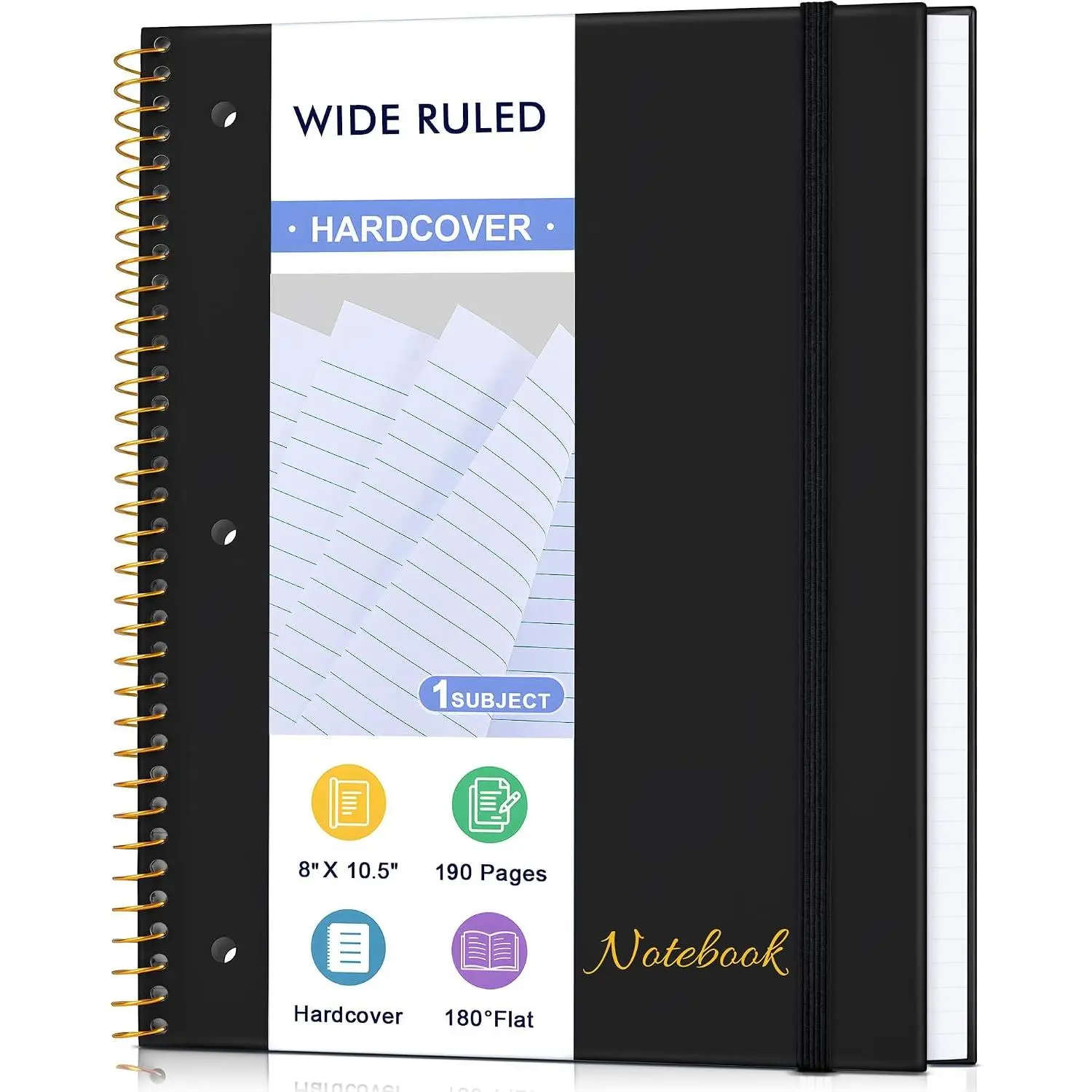 Spiral Notebook Wide Ruled Paper 8" x 10 1/2", 1 Subject Spiral Notebook, 3-Hole Punched Perforated Pages Ideal for School, Office, Writing, 95 Sheets Lined Journaling Notebook, Black