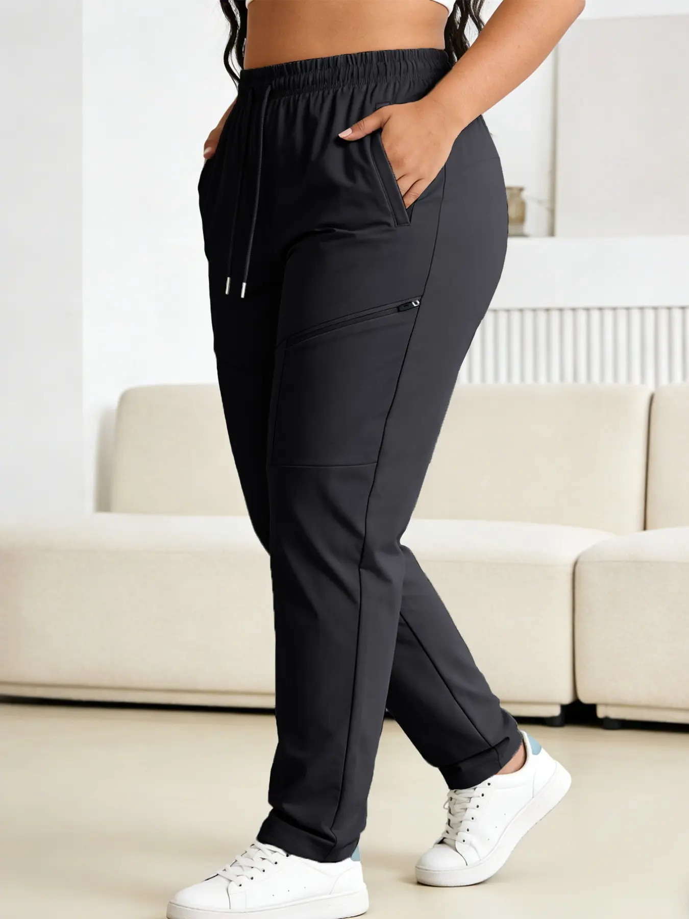 Summer Plus Size Women's Sporty Long Pants, Fitness Casual Pants, Knitted Sports Pants, Fashionable Casual Everyday Athletic Trousers, Straight Leg Elastic Waist Breathable Thin Design, Fit