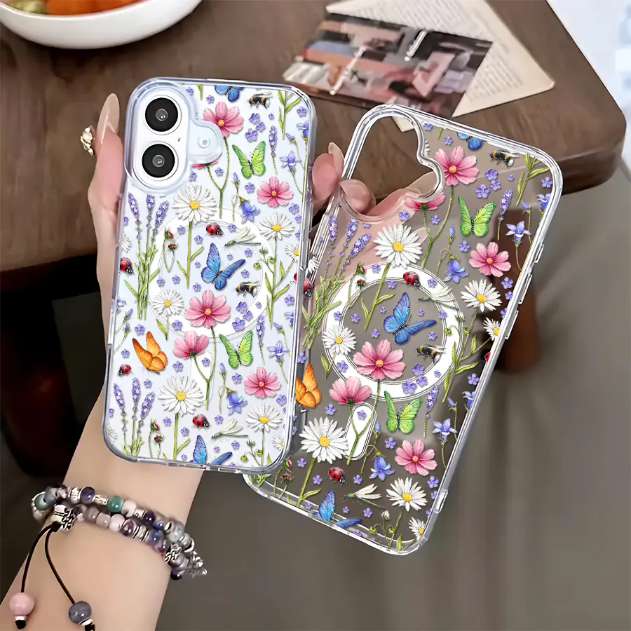 Phone Case - 1pc Colorful Butterfly And Wildflower Phone Case Suitable for iPhone 17 E Air Pro ProMax iPhone16 15 14 Plus 13 12 11 X XS XR Transparent Mobile Phone Magnetic Case Girlish Style Vintag