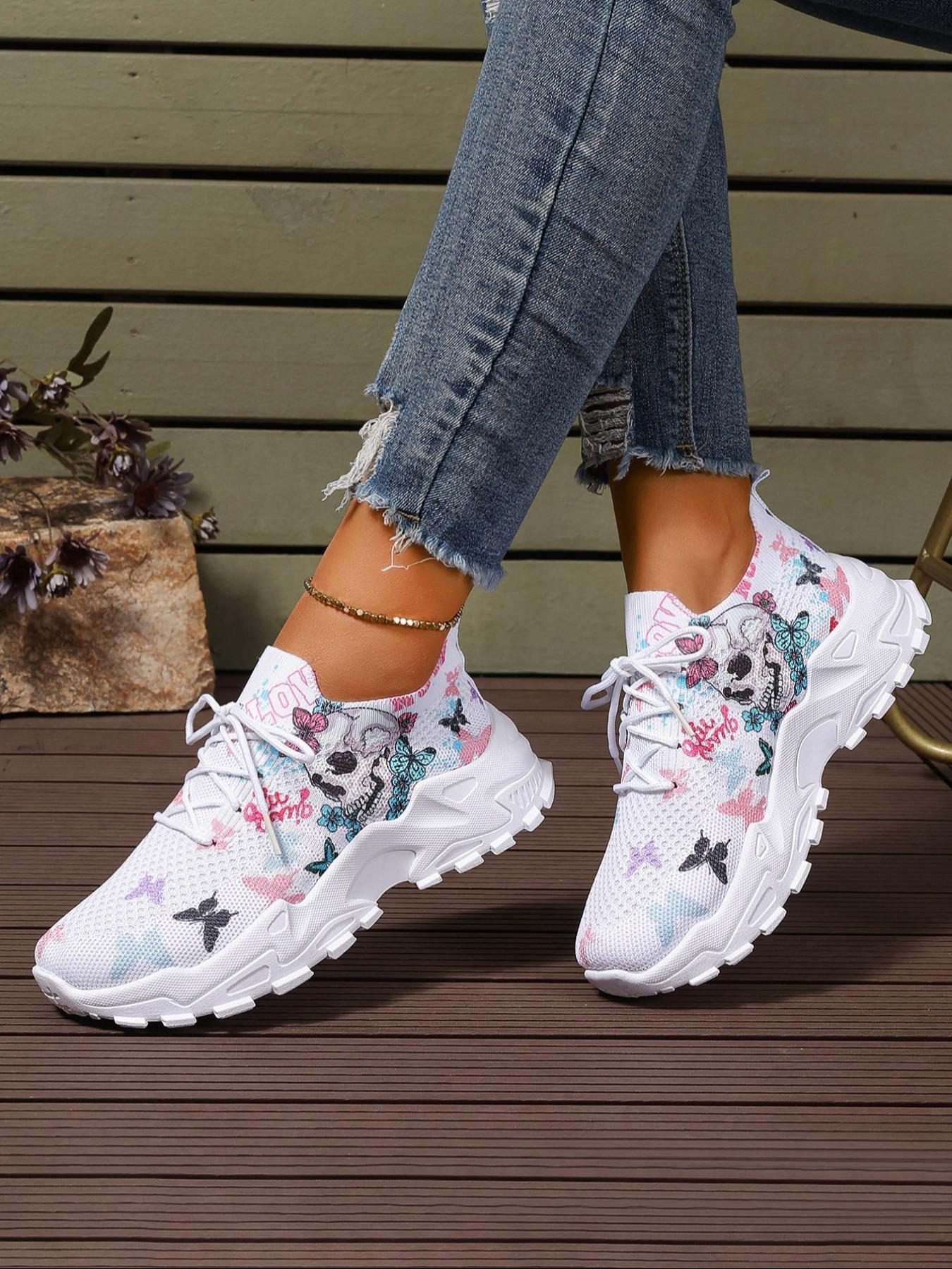 Women's Fashionable Butterfly & Skull Print Lace Up Low Top Sneakers, Casual Comfortable Breathable Sports Running Shoes, All-match Basic Shoes for Daily Wear, Sporty Running Fashion
