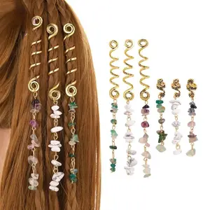 6Pcs Boho Natural Stone Loc Jewelry Set, Gold Spiral Dreadlock Hair Charms with Crystal Pendants, Adjustable Braid Hair Rings for Women Festival & Daily Hairstyling