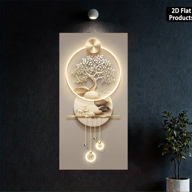 One 2D flat modern abstract wall painting, featuring a frameless golden tree of life design (not truly luminous), with a size of 50*100 centimeters. This canvas painting is highly suitable for decorating living rooms and bedrooms
