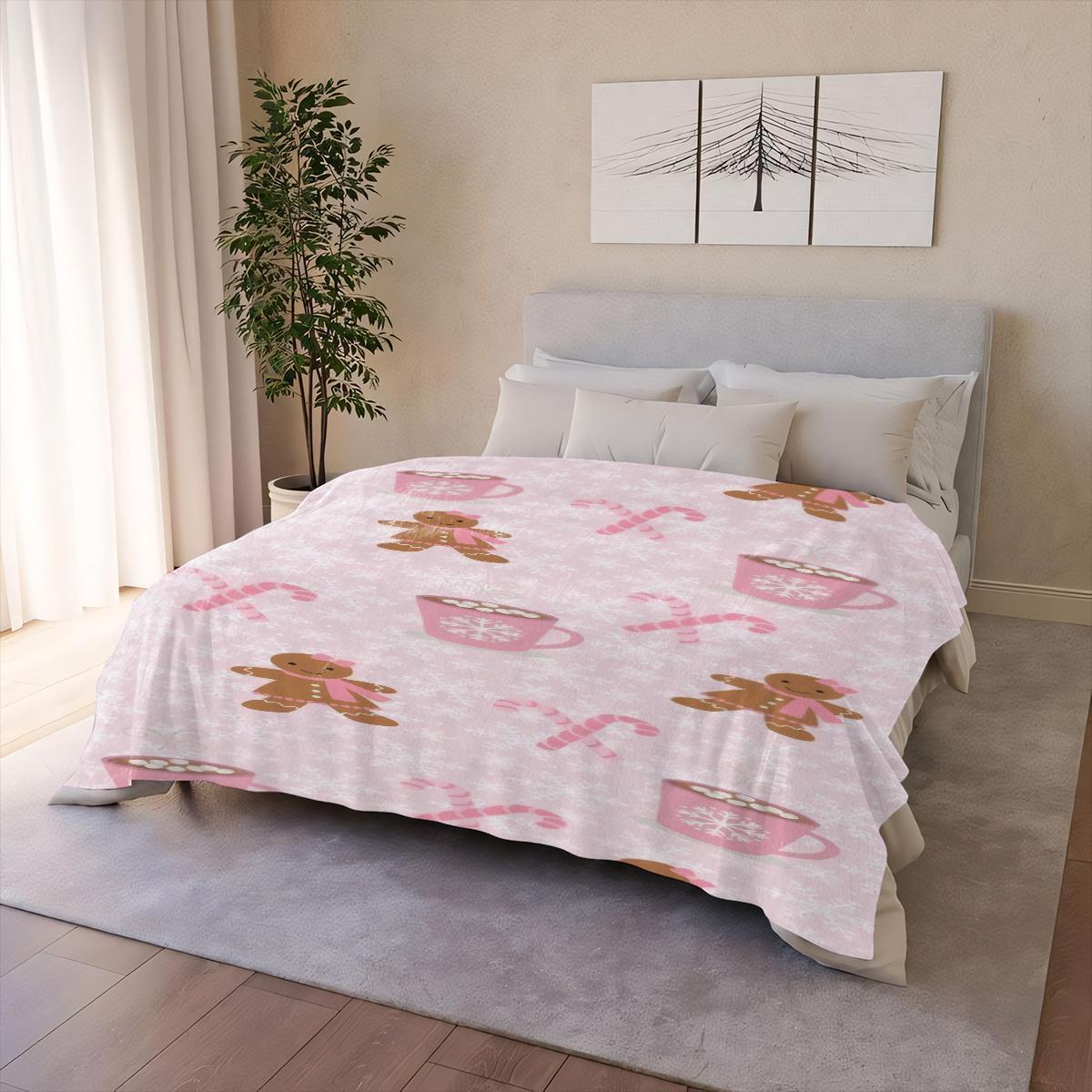 Cozy Pink Gingerbread & Candy Cane Blanket Soft Cozy Leisure Warm Bed Blanket for Couch & Bedroom, Flannel & Fleece Throw Blankets, Cute, Colorful, Festive, Ideal Gift for Kids & Holiday Lovers, Birthday, Christmas