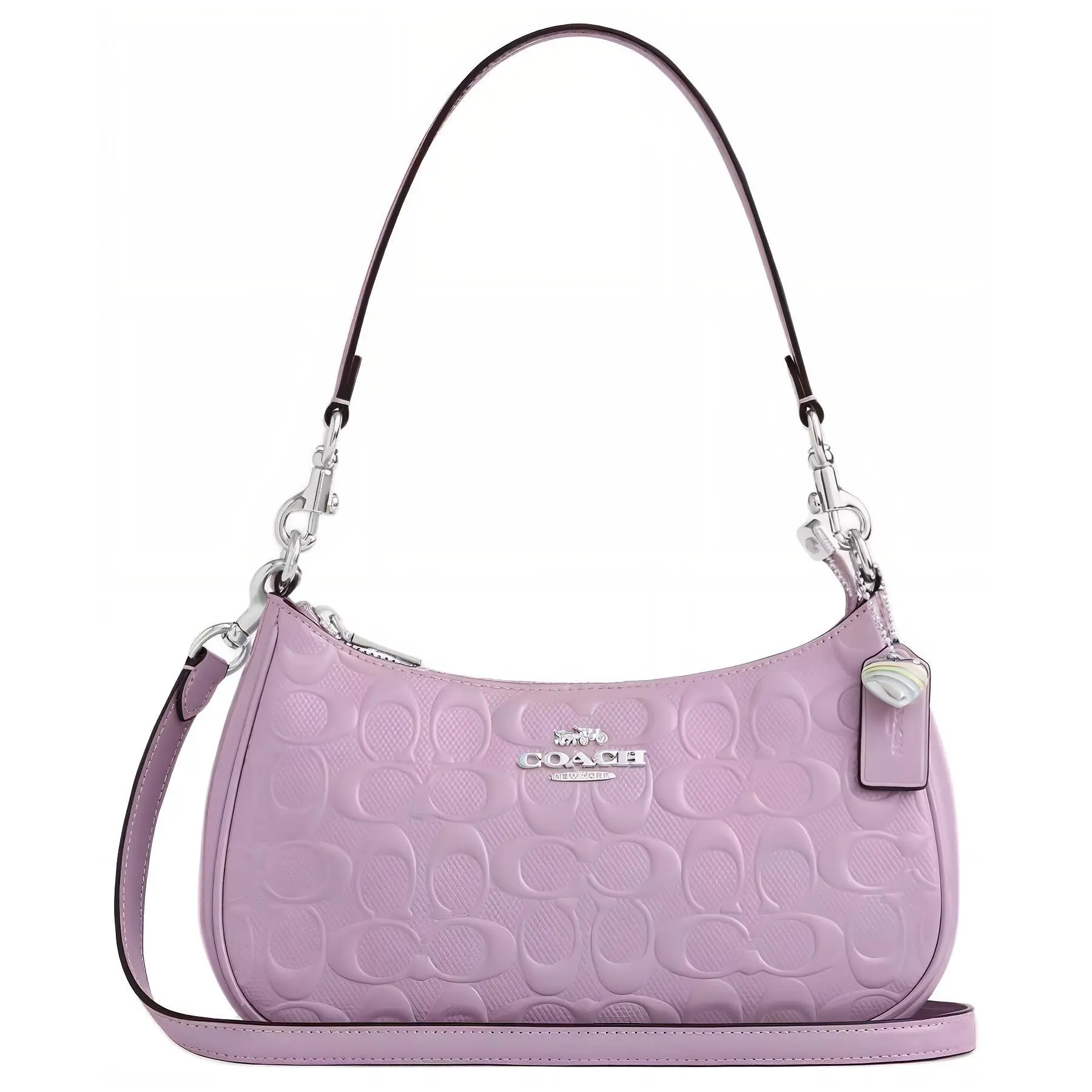 COACH Teri 25 Heart Pendant Metallic Silver Leather Shoulder Bag, Medium, Women's Light Purple