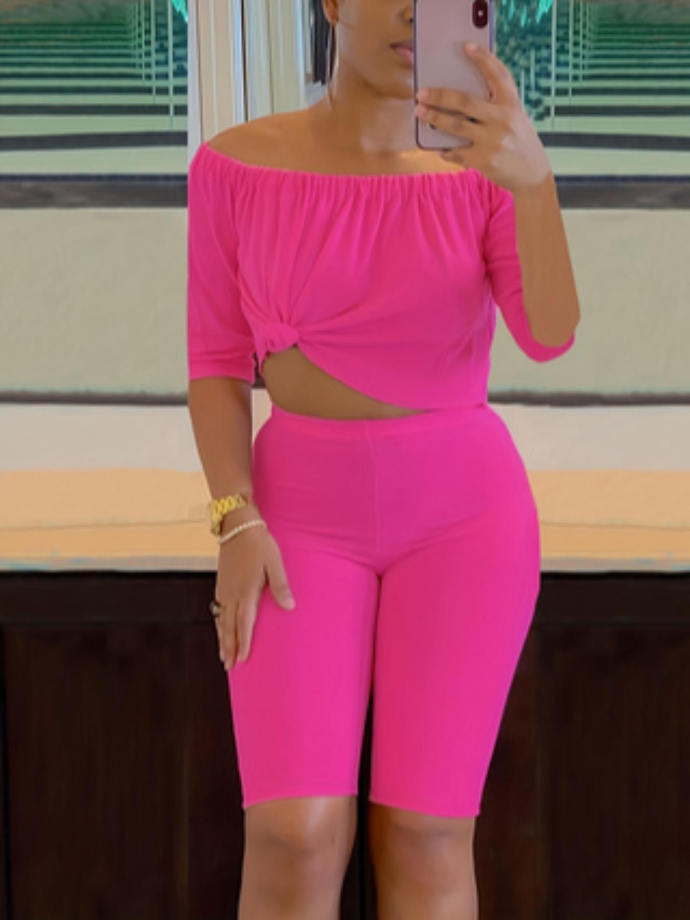 Women's Solid Jersey Ruched Off Shoulder Crop Top & Elastic High Waist Shorts Set, Casual Fashion Half Sleeve Top & Fitted Skinny Shorts, Ladies Summer Clothes