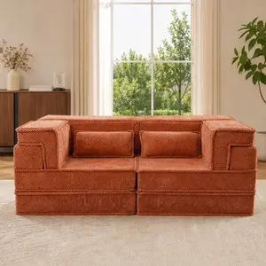 ARCH Convertible Modular Sectional Sofa Bed, 2-Seat Loveseat with Memory Foam, Circle Fleece Fabric, No Assembly Required, Floor Sofa for Living Room Bedroom Apartment, Orange, Orange Color Options, Fabric Material, 2 Seat Seat Count