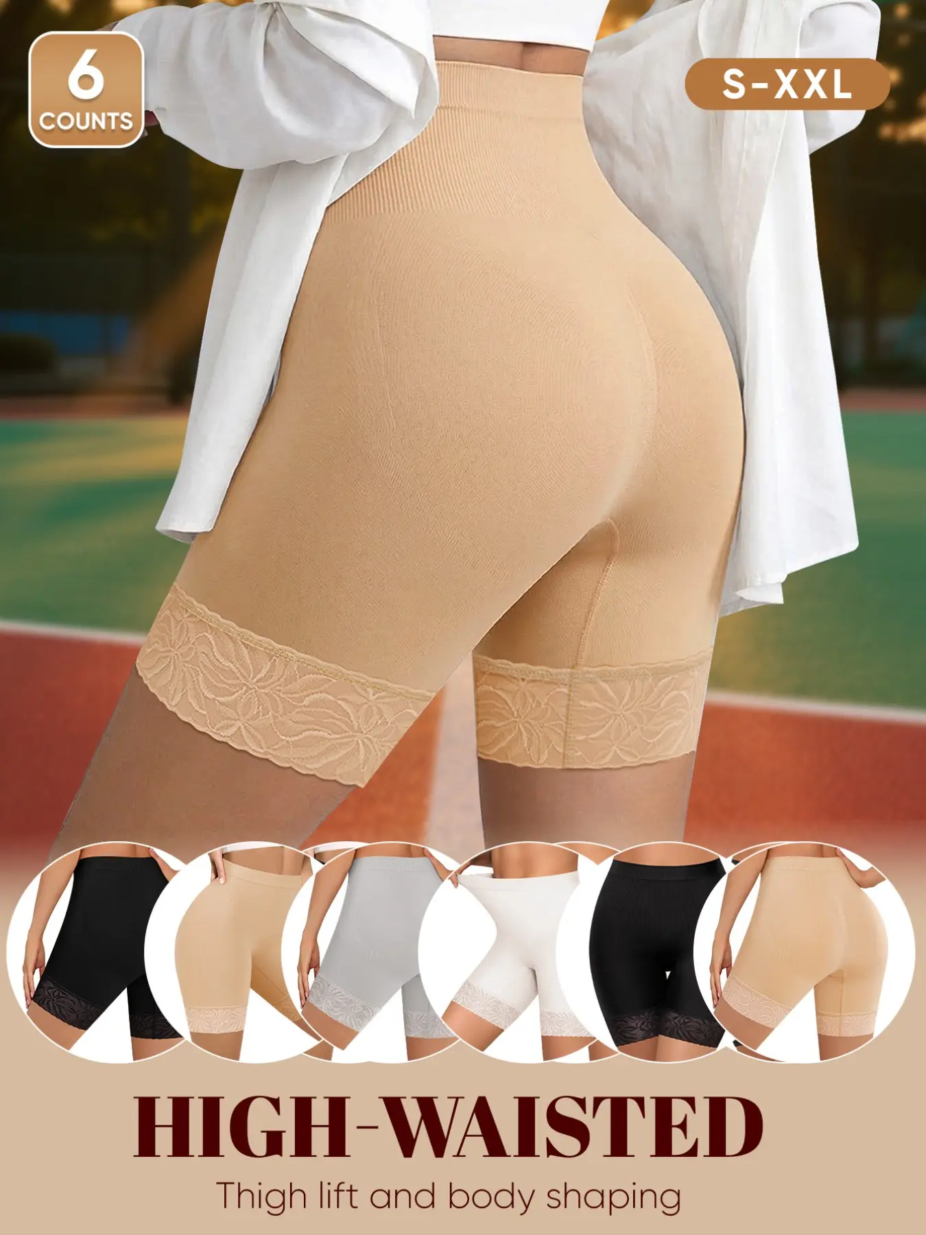 [6-Pack] Women's High Waist Shapewear Briefs, S-XXL, Butt Lifting, Anti-Slip, Lace Pattern, Underwear for Curvy Bodies