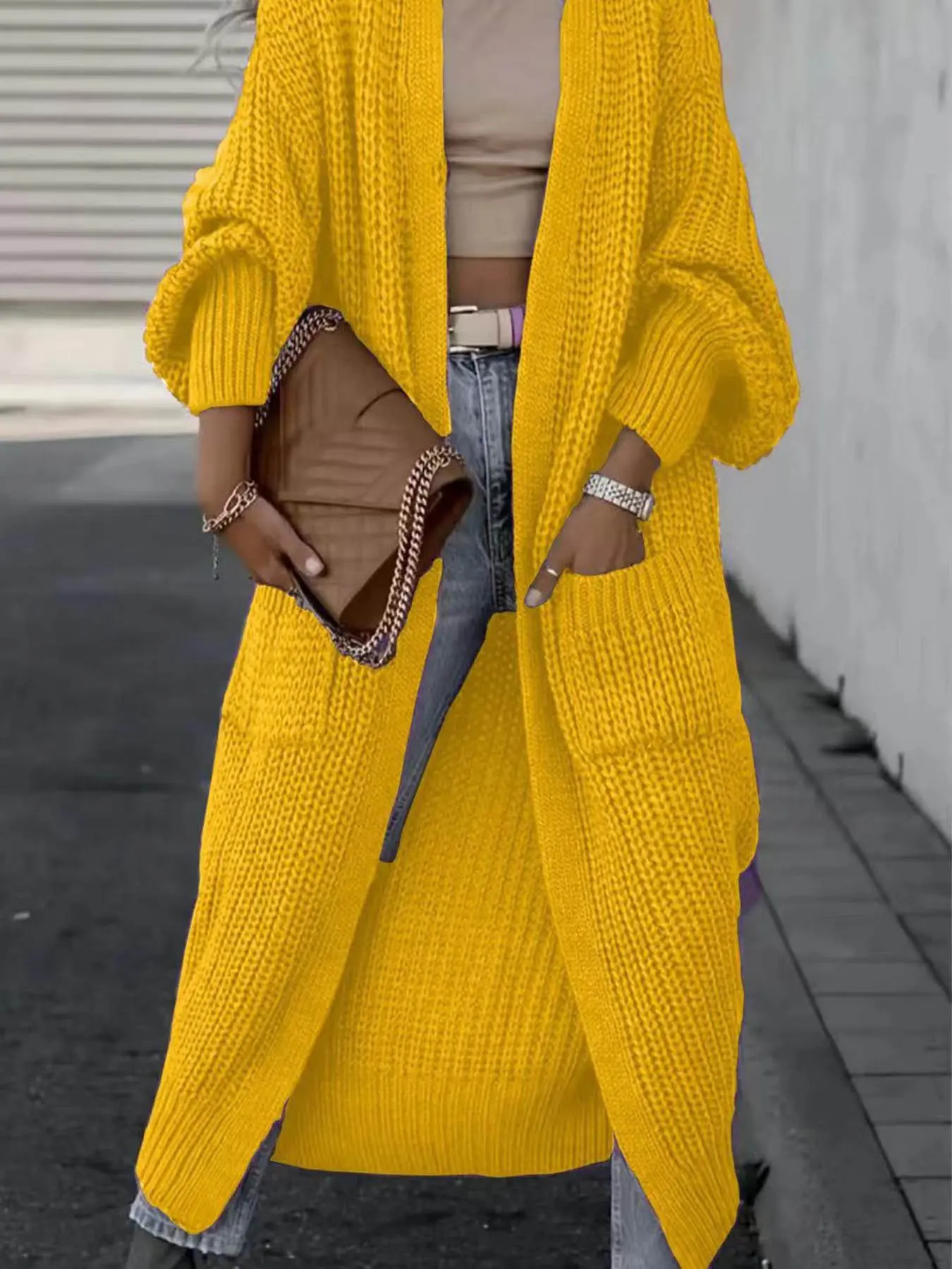 Women's Soft Thick Knit Cardigan Sweater, Fall Winter New Loose Slimming Lazy Style, Pure Color Medium Long Coat with Pockets, Fashionable and Comfortable