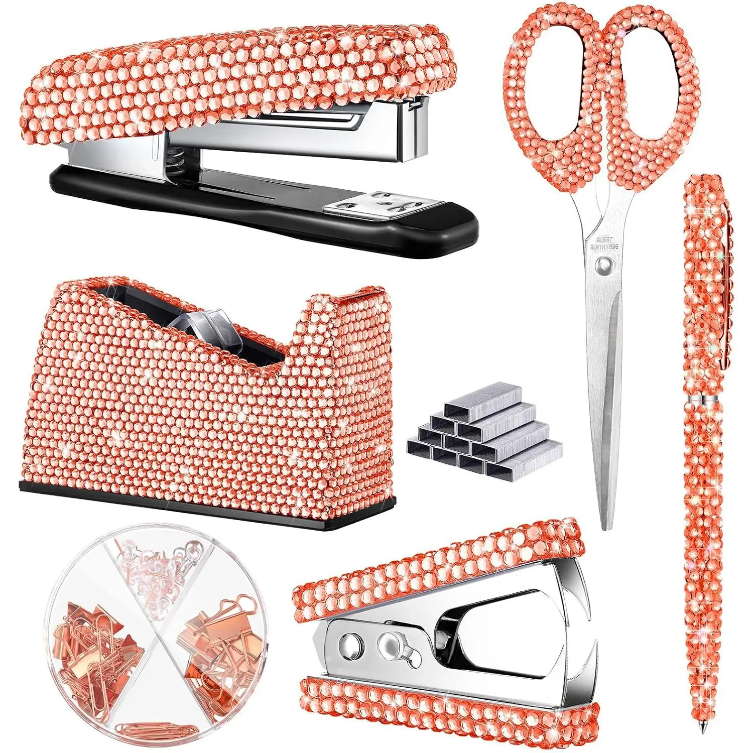 Bling Rose Office Desk Accessories Set (6-Count) - Glitter Finish, Rhinestone Accents, Desk Tools Stationery Kit with Scissor, Stapler, Staples, Tape Dispenser, Pen, Staple Remover, Binder Clip, Paper Clips