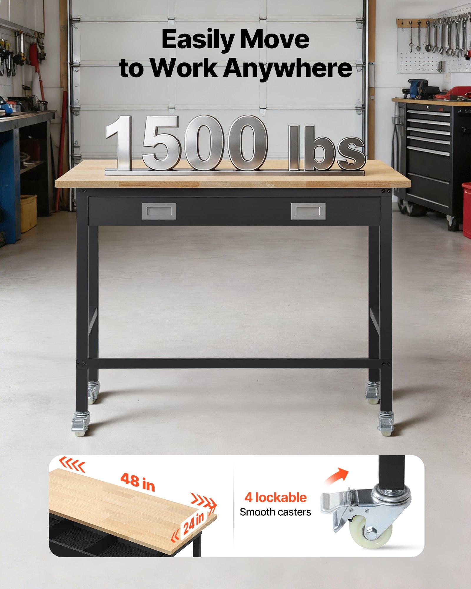 VEVOR 48-inch Workbench, 1500 lbs Load Capacity, Garage Workbench with Drawer Storage & Wheels, Workshop Bench on Wheels, Heavy Duty Oak Wood Top Work Table for Garage, Workshop, Office, and Home VEVOR 48-inch Workbench, 1500 lbs Load Capacity, Garage Workbench with Drawer Storage & Wheels, Workshop Bench on Wheels, Heavy Duty Oak Wood Top Work Table for Garage, Workshop, Office, and Home