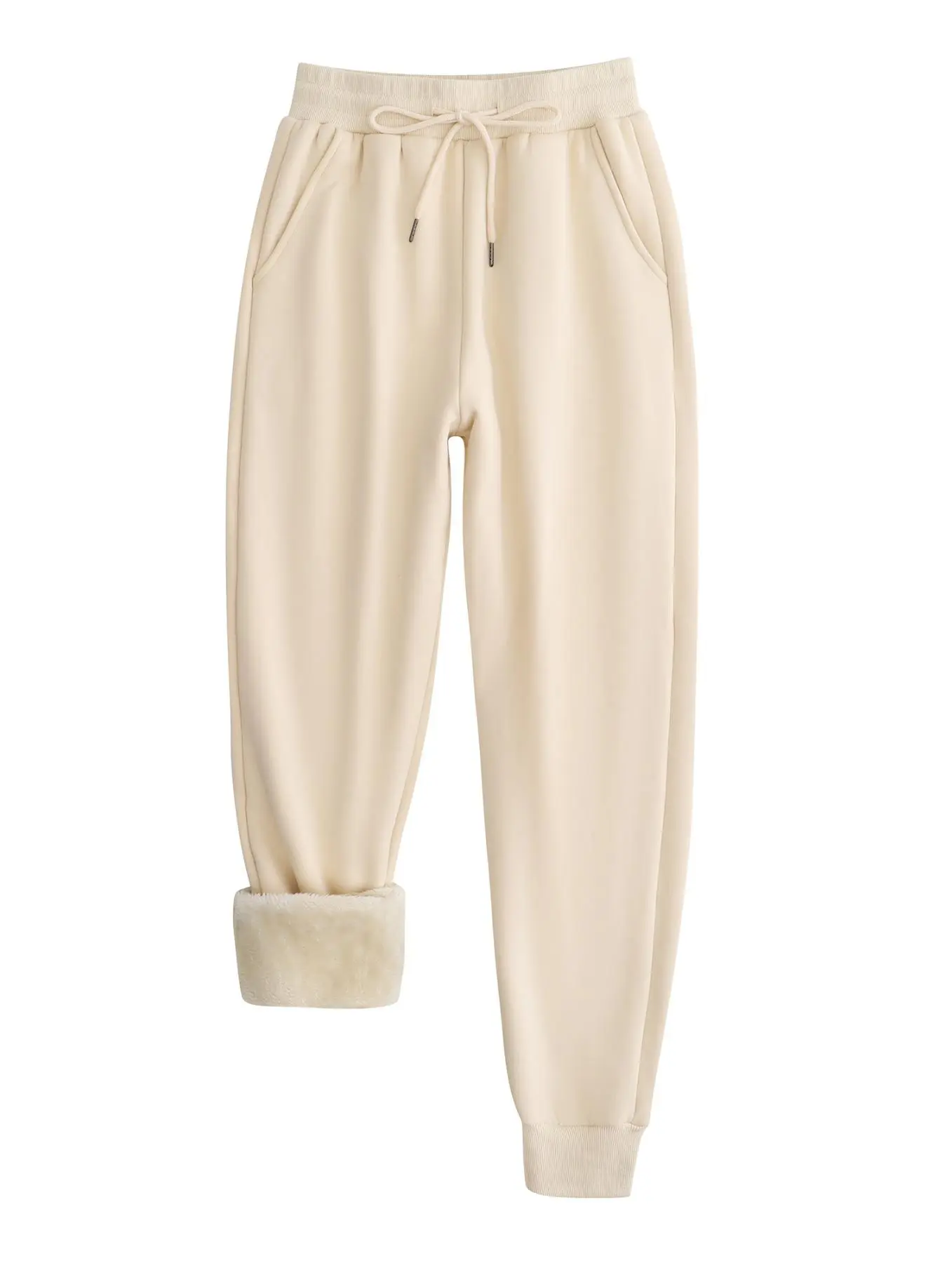 Women's Plain Drawstring Waist Pocket Jersey Sweatpants, Casual Soft Comfy Thermal Lined Jogger Pants for Fall & Winter, Women's Trousers for Daily Wear