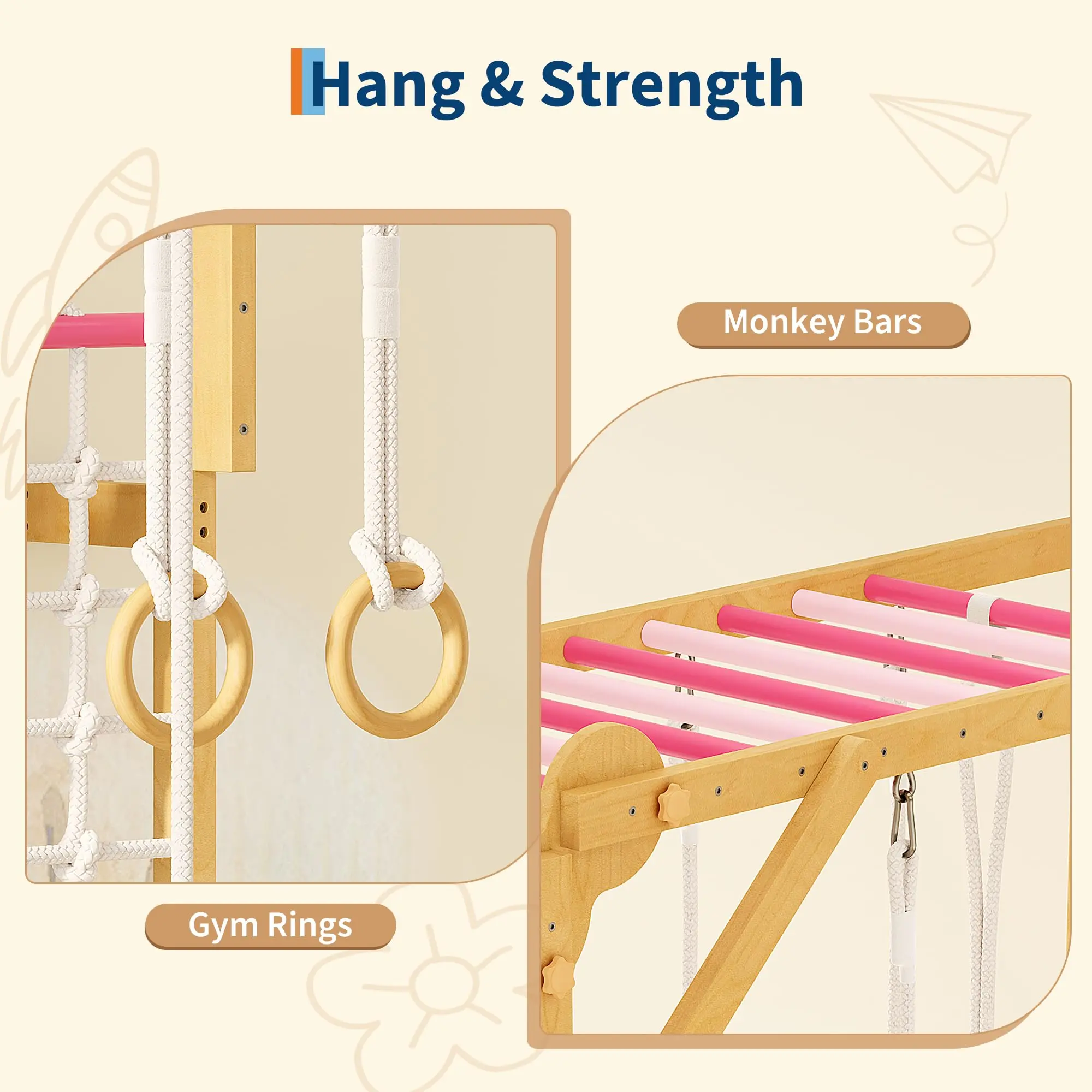 8-in-1 Indoor Jungle Gym for Kids Ages 3-10 – Wooden Climbing Structure with Slide, Swing, Monkey Bars, Gymnastic Rings, Climbing Rope – Indoor Playground Toy – Colorful