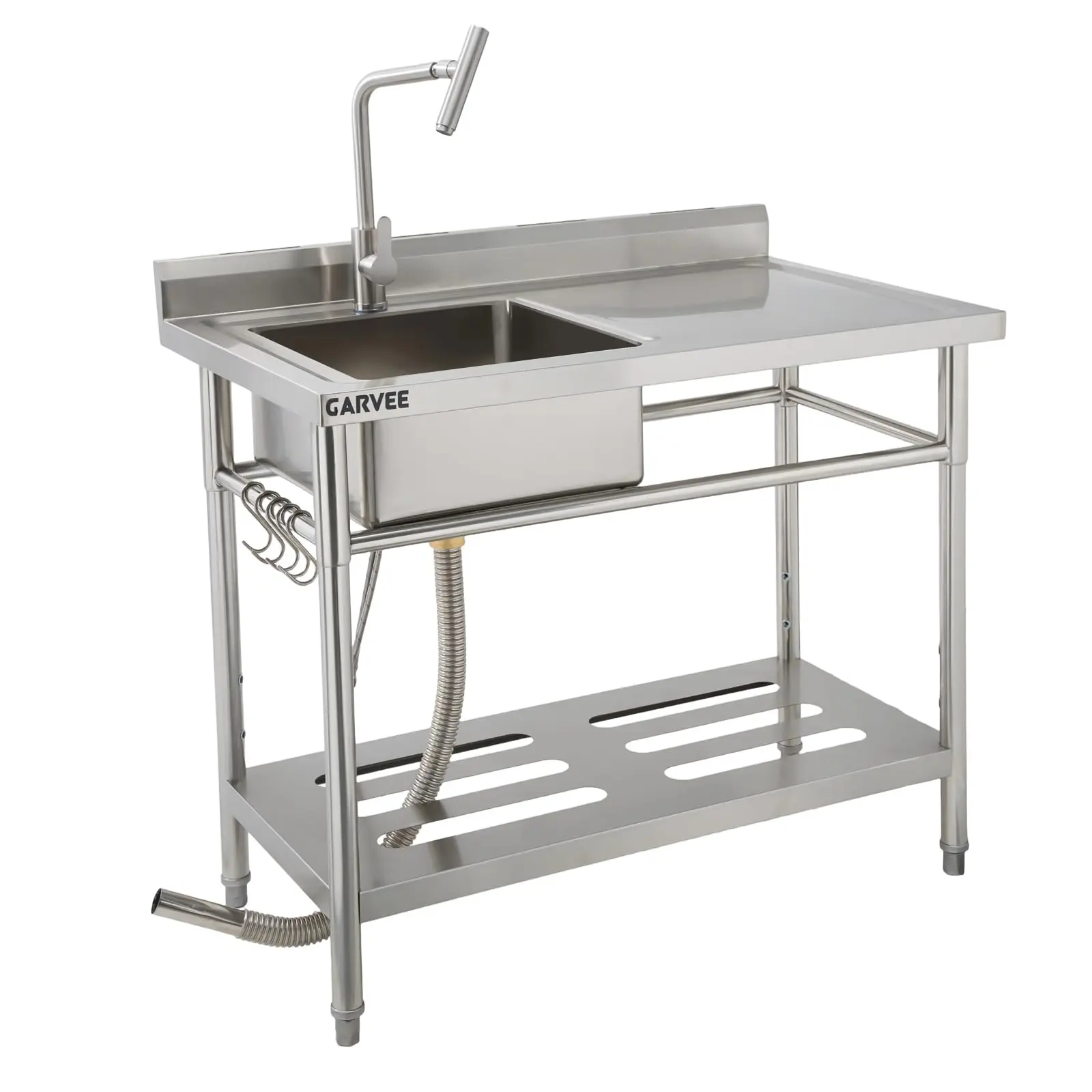 Freestanding Stainless Steel Utility Sink - Premium Large Capacity Laundry Sink with Hot & Cold Pull-Out Faucet, Storage Shelf & Drain Kit for Garage, Kitchen, Backyard & Commercial Use, Stainless Steel