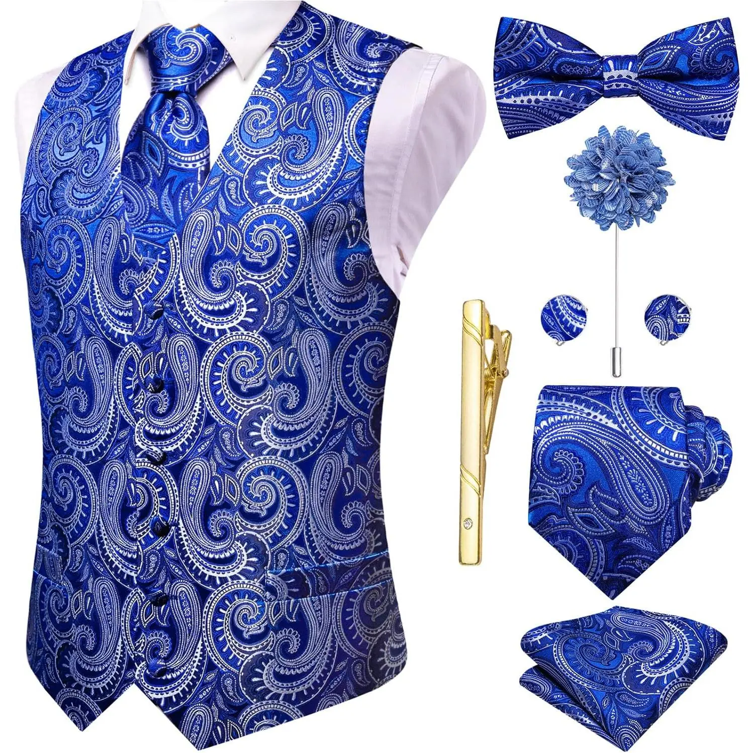 Silk Mens Suit Vest Tie and Bowtie Lapel Pin Gold Tie Clip Paisley Floral Waistcoat 8PCS Set Tuxedo Wedding Party