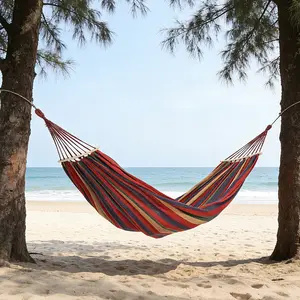 Extra Large Double Canvas Hammock with Wood Spreader Bar, Blue Green Striped Design, 500 Lbs Load Capacity, 129.9×59.1 Inches, Comes with Storage Bag, Two 9.8ft Tree Ropes and Installation Guide for Outdoor Use