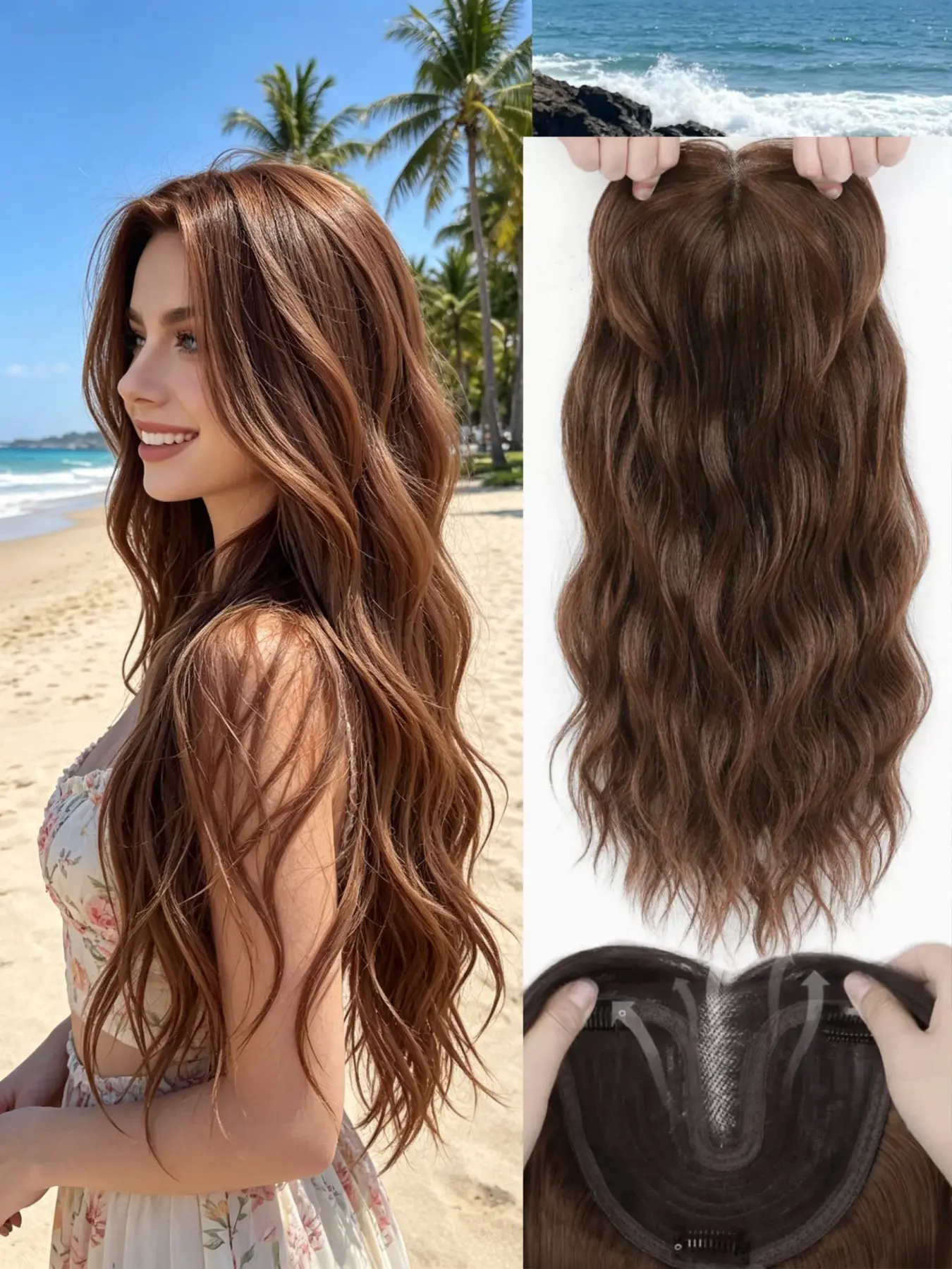 🔥Gorgeous Auburn Ginger Wavy Clip-In Hair Topper Premium Kanekalon Hair Silky Soft Natural Waves Conceal Thinning Crown Add Instant Fluffy Volume Secure Clip Base Lightweight Undetectable For Beach Vacation & Daily Hairstyles