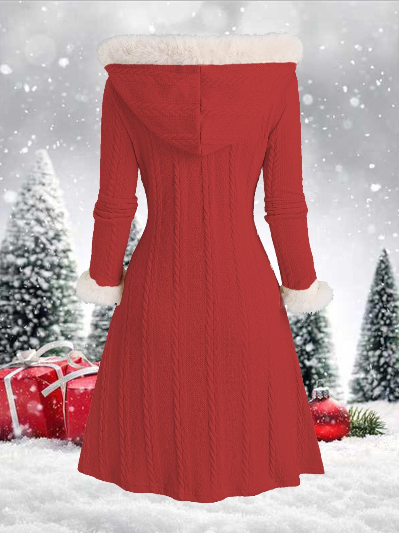 Women's Plain Contrast Faux Fur Trim Button Front Hooded Jacket Coats, Casual Long Sleeve Outerwear for Fall & Winter, Ladies Clothes for Daily Wear