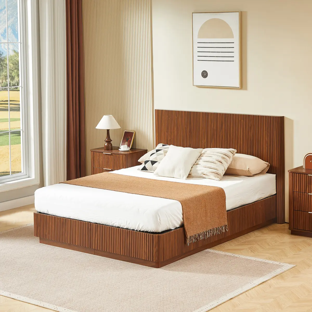 Queen Bed Frame, Walnut Finish Wooden MDF Queen Size Bed Frame with LED Lighting - Corrugated Curved Headboard with Groove Detail, Sturdy Slats Support, Smart Lighting Indoor Bedroom Furniture