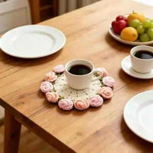Handmade Crochet Rose Coaster - Romantic Wool Yarn Heat-Resistant Pad, Knitted Flower Home Decor, Creative Holiday Gift