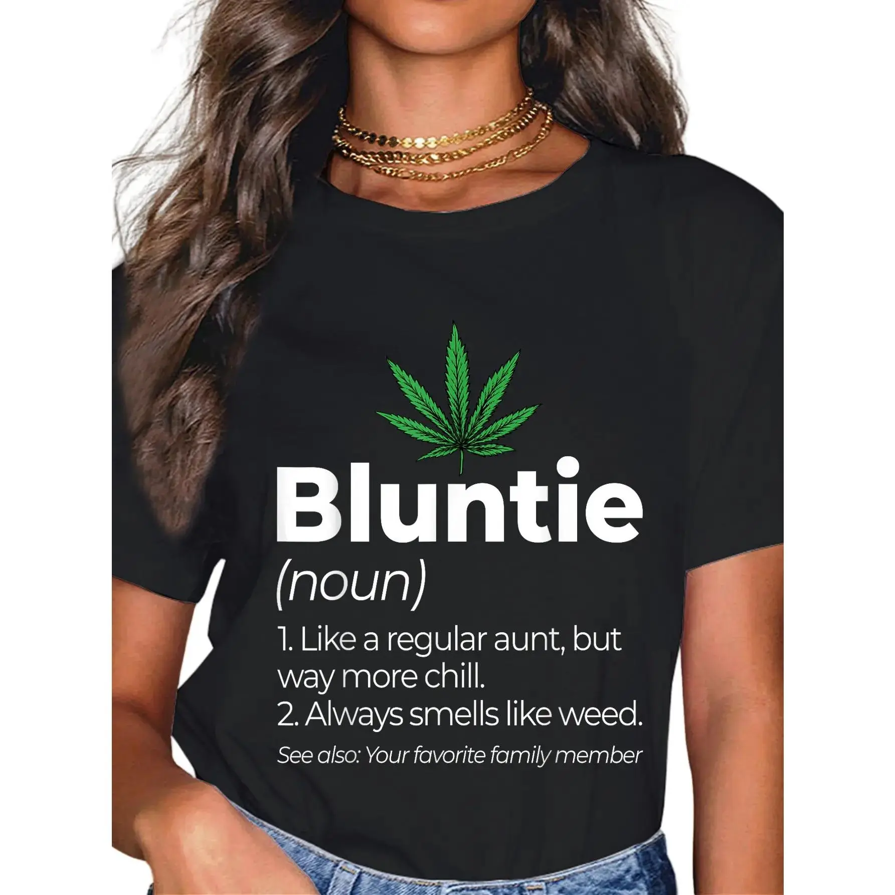 Women's Funny "Bluntie" Quote Aunt Graphic T-Shirt - Soft Cotton, Casual Relaxed Loose Fit, Breathable Short Sleeve Crew Neck, Everyday Streetwear Essential Top, All Seasons Layer with Jackets, Outfits, Fabric