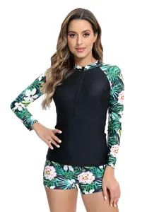 Women's Tropical Print Tankini Set, Casual Long Sleeve Swim Top & Swim Skinny Shorts Swimsuit Set, Ladies Swimwear for All Seasons