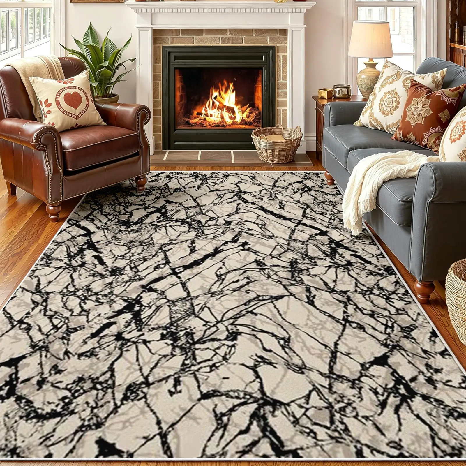 Modern Abstract Black & Cream Crackle Marble Area Rug - Ultra-Soft Faux Cashmere, Sturdy Non-Slip Backing, Stain-Resistant, Machine Washable Carpet for Living Room, Bedroom, Dining Room, Aesthetic Home Decor (Various Sizes)