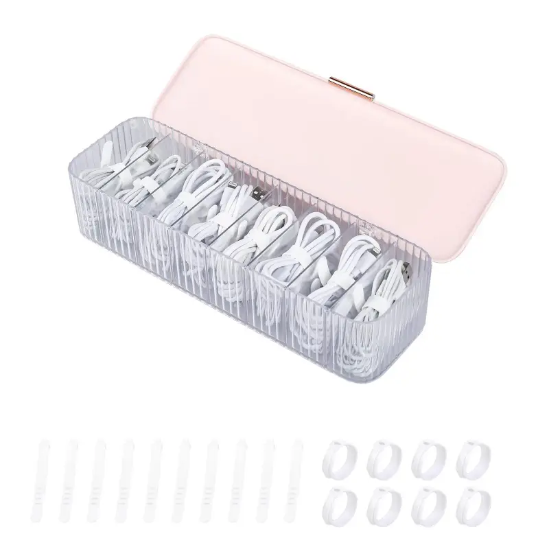 Plastic Cable Management Box with Lid and 10 Wire Ties, Portable Clear Cord Storage Organizer with 8 Compartments, Electronics Bins Desk Accessories Case for Office Supply, Paper Clips(Pink)