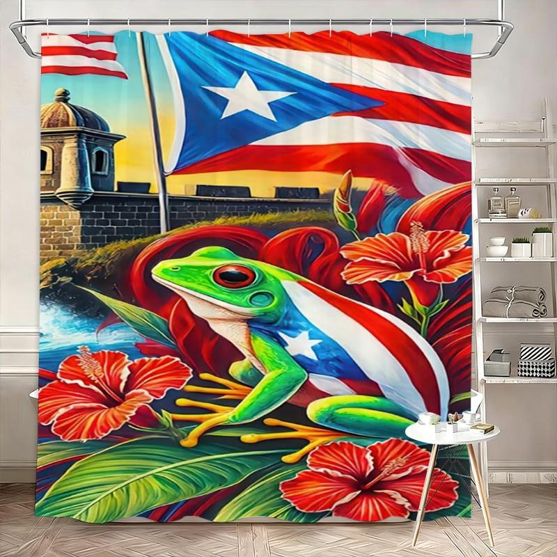 Puerto Rican Theme Cartoon Tree Frog Shower Curtain Set, Polyester Fabric, Fog-Resistant, Modern Home Decor, Includes Bathroom Mats