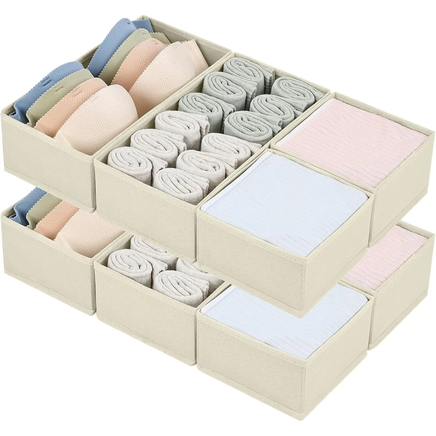 Drawer Organizers for Clothing, Set of 8 Fabric Closet Organizers and Storage, Dresser Organizers, Drawer Dividers for Baby Clothes, Socks, Belt, Tie (Beige)