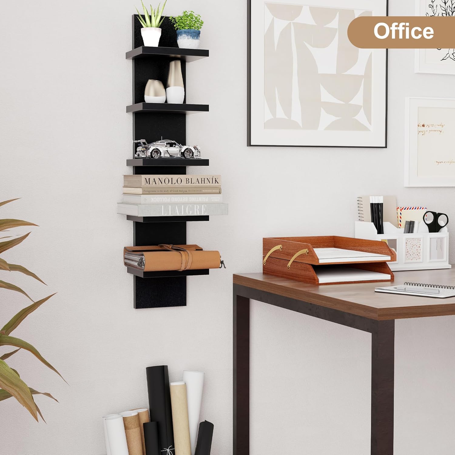 5 Tier Wall Shelf Unit, Decorative Wall Mount Vertical Shelving, Floating Storage Home Decor Organizer Tall Tower Design Utility Shelving Bedroom Living Room, Black 5 Tier Wall Shelf Unit, Decorative Wall Mount Vertical Shelving, Floating Storage Home Decor Organizer Tall Tower Design Utility Shelving Bedroom Living Room, Black