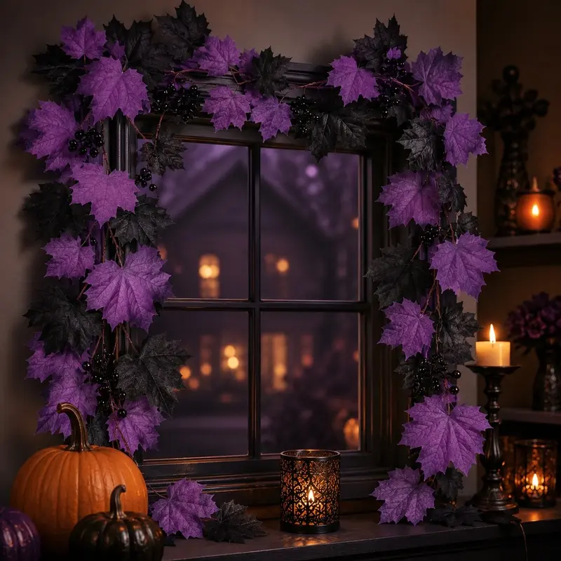 Black Purple Halloween Maple Leaf Garland for Indoor Outdoor Porch Yard Hanging Decor Festive Decoration