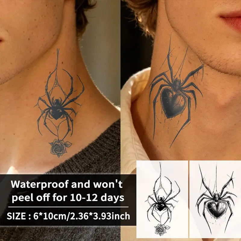 Spider Rose Heart Temporary Tattoo Stickers, Waterproof Long-Lasting 7-15 Days, Semi-Permanent Herbal Tattoos, Unisex Fake Tattoos