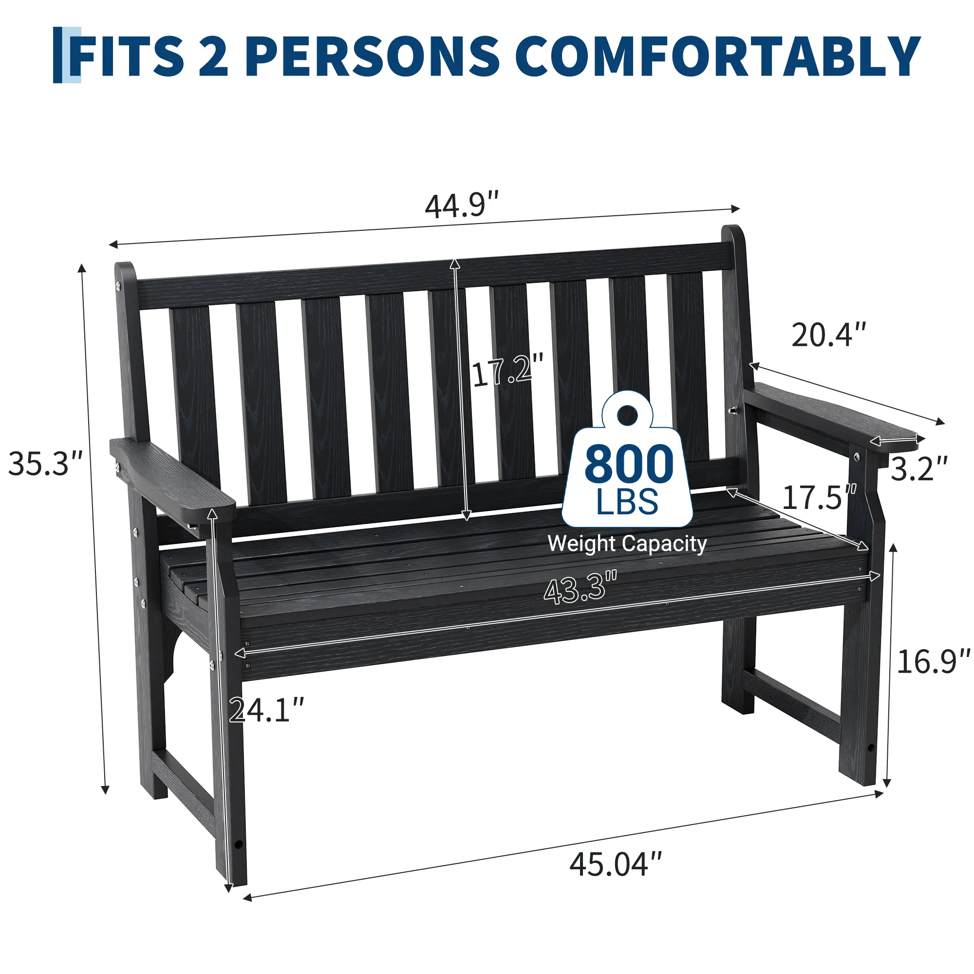 Heavy Duty Poly Lumber Outdoor Bench, 800LB High Capacity 2-Person All-Weather Seating, Durable Sturdy Patio Garden Backyard Leisure Furniture