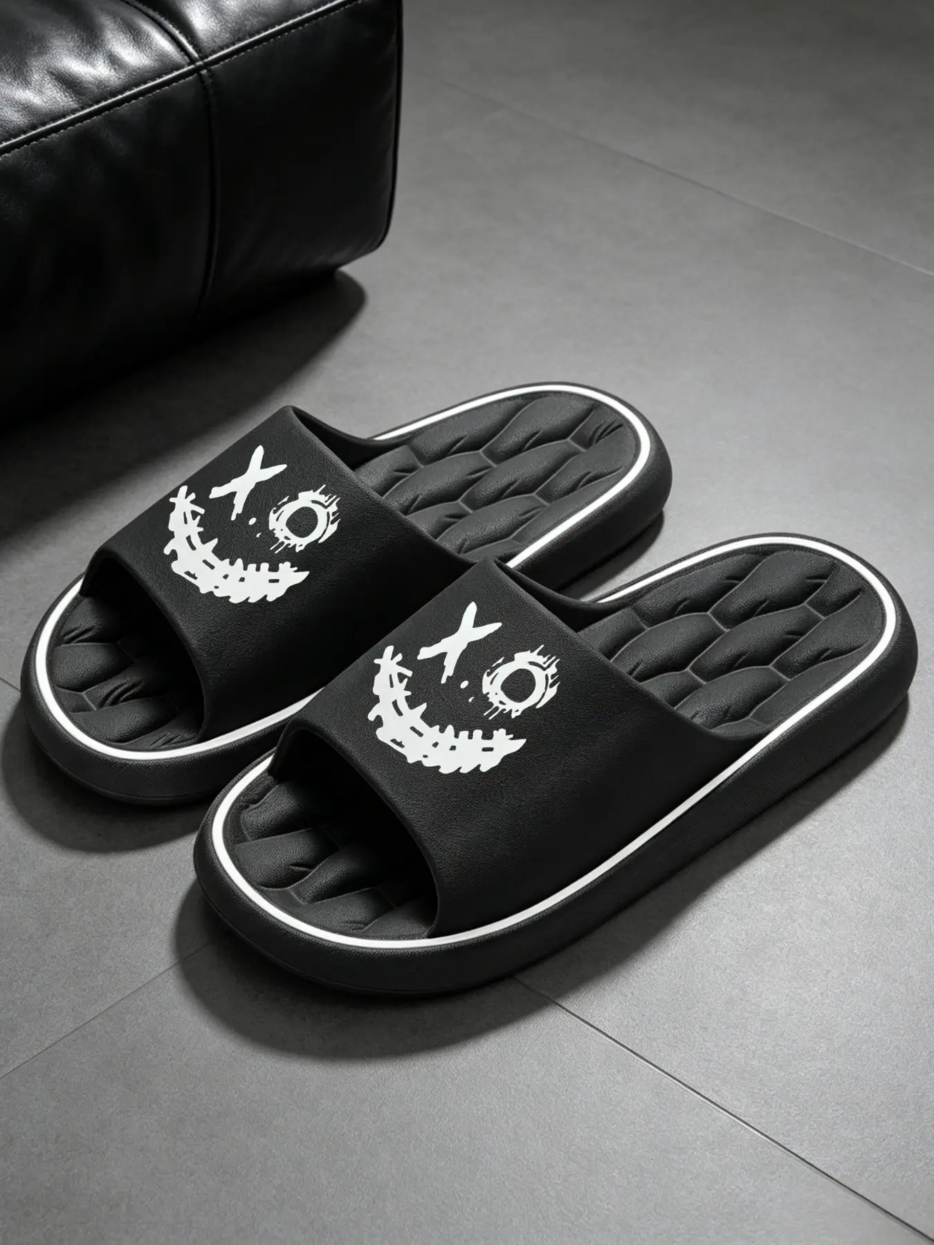 Grunge Devil Face Slide Slip Ons Slippers, Non Slip Cushioned Eva, Open Toe Slides, Gothic Streetwear, Indoor Outdoor, Men Women Couple Summer