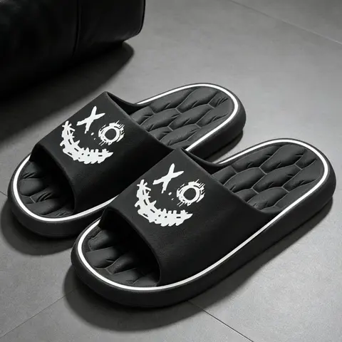 Grunge Devil Face Slide, Non Slip Cushioned Eva, Eva Upper Slides, Open Toe Slides, Gothic Streetwear, Indoor Outdoor, Men Women Couple Summer