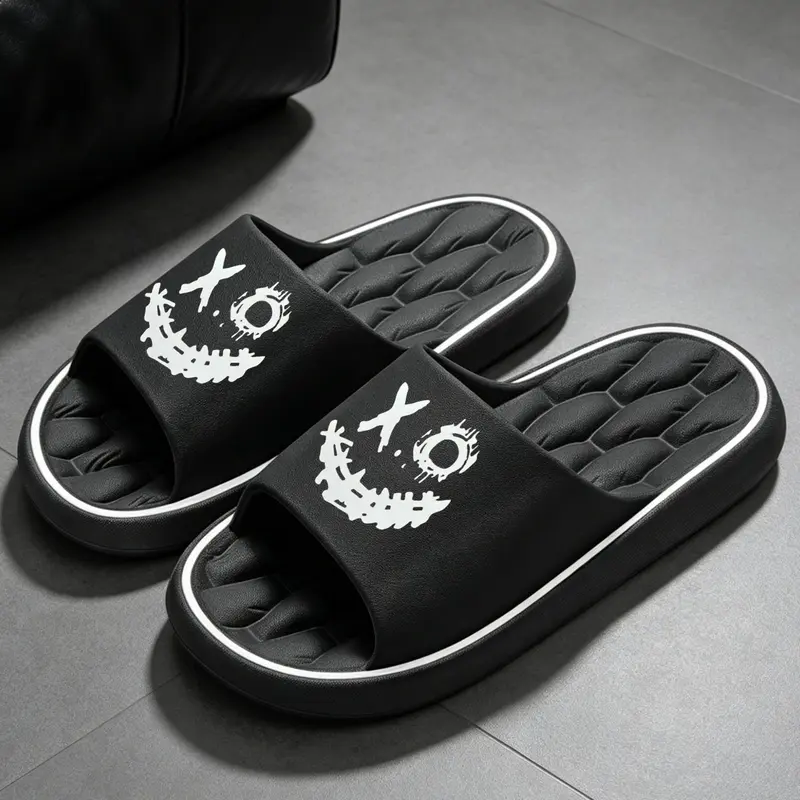 Grunge Devil Face Slide, Non Slip Cushioned Eva, Eva Upper Slides, Open Toe Slides, Gothic Streetwear, Indoor Outdoor, Men Women Couple Summer