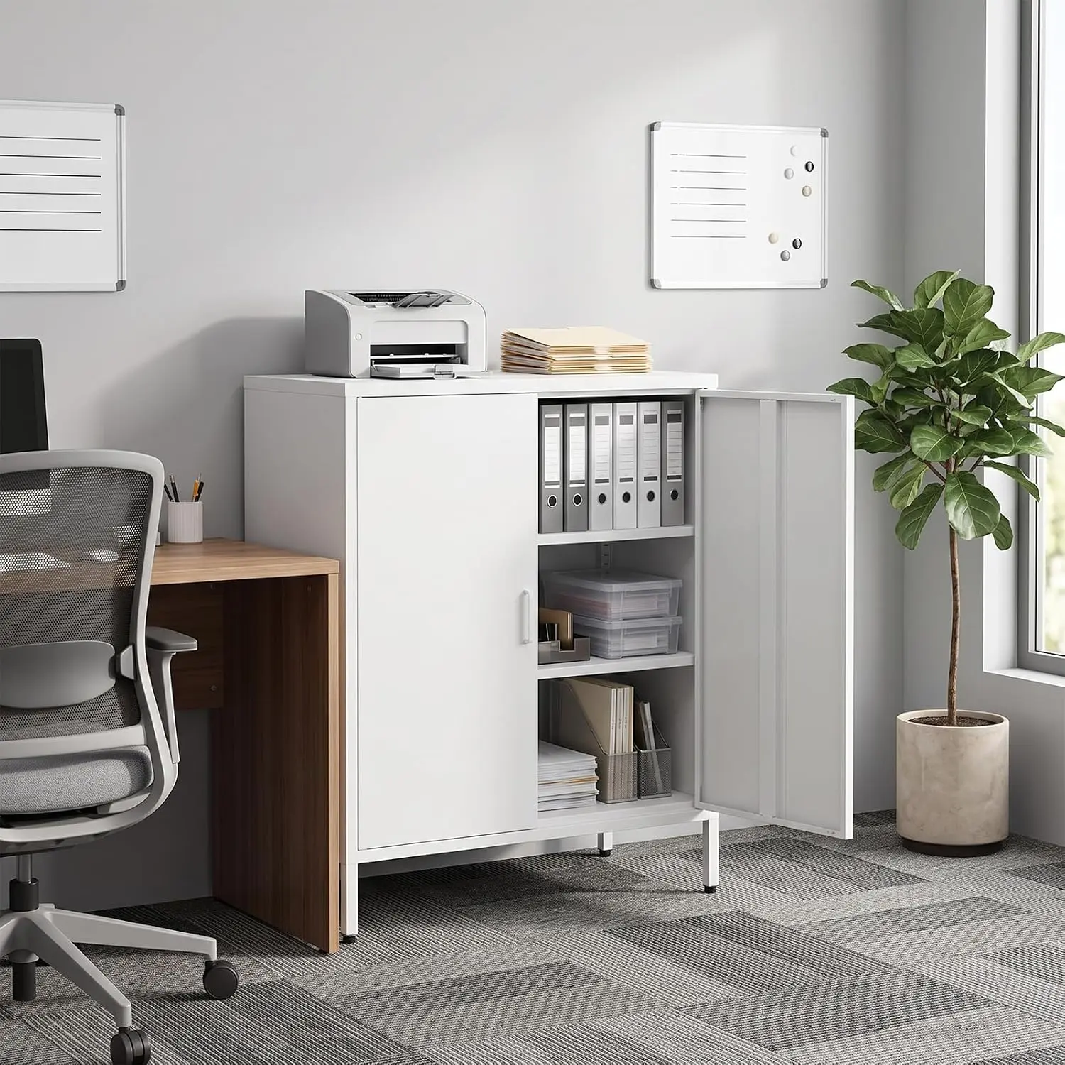 40''h Cold Rolled Metal Cabinet - Rectangular Modern Furniture, 3-Tier 2-Door Locker with 2 Adjustable Shelves, Black Accent Unit with Raised Legs