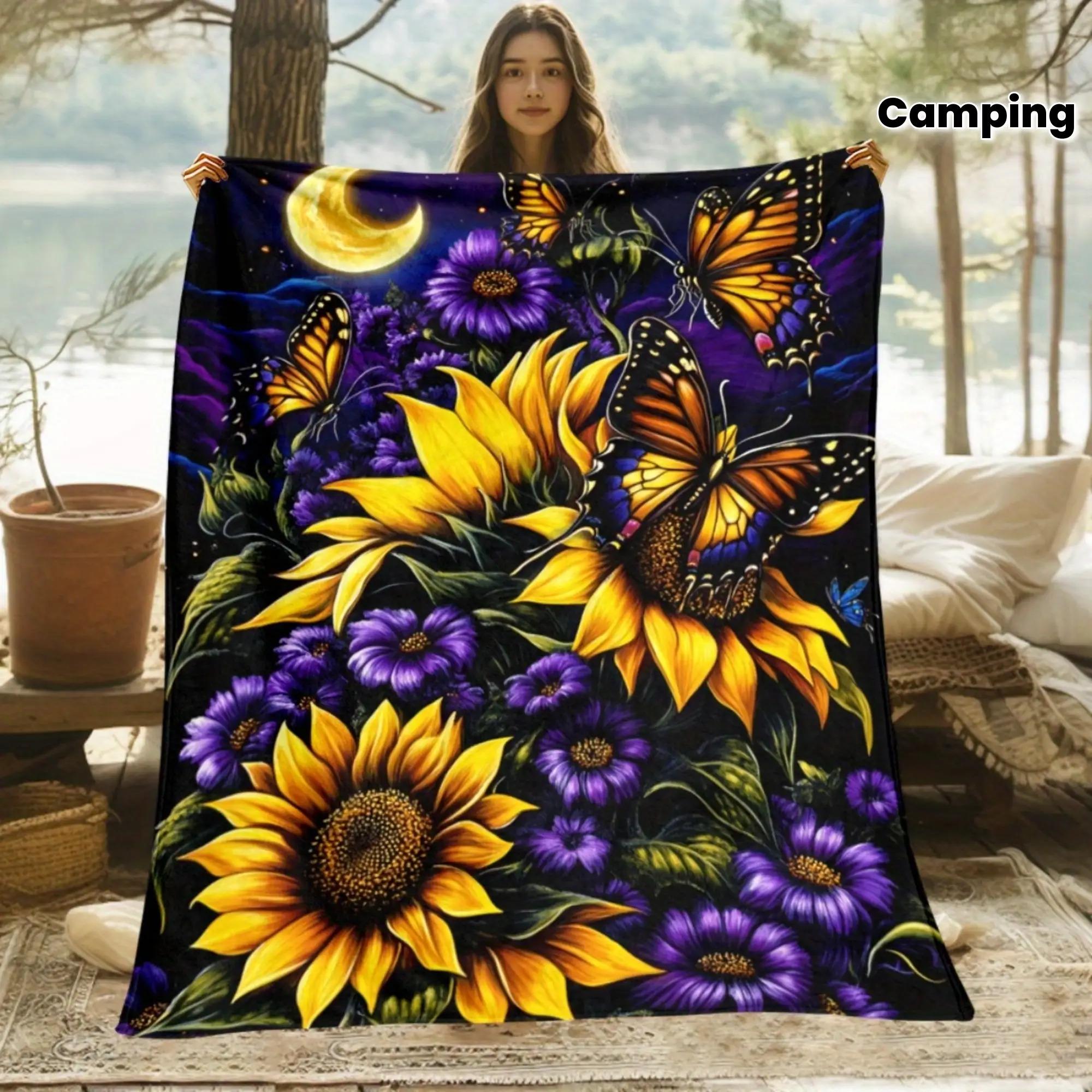 Sunflowers and butterflies Blanket-Lightweight Flannel Home Furnishings Bedding Blanket Suitable for Sofas Beds Travel Camping Living Rooms Offices Sofas Chairs and Beds-Soft and Warm Flannel Fabric Digital Printed Blanket