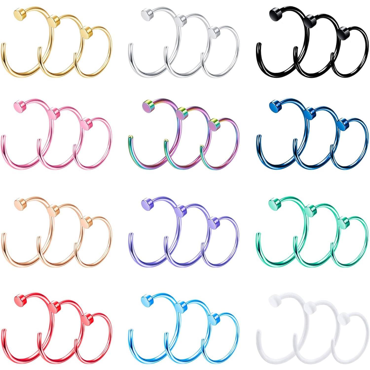 FINREZIO 20G 36PCS 316L Stainless Steel Nose Ring Hoop Nose Piercing Jewelry for Women and Men Colored Hoop Nose Ring 6mm 8mm 10mm 12mm Daily