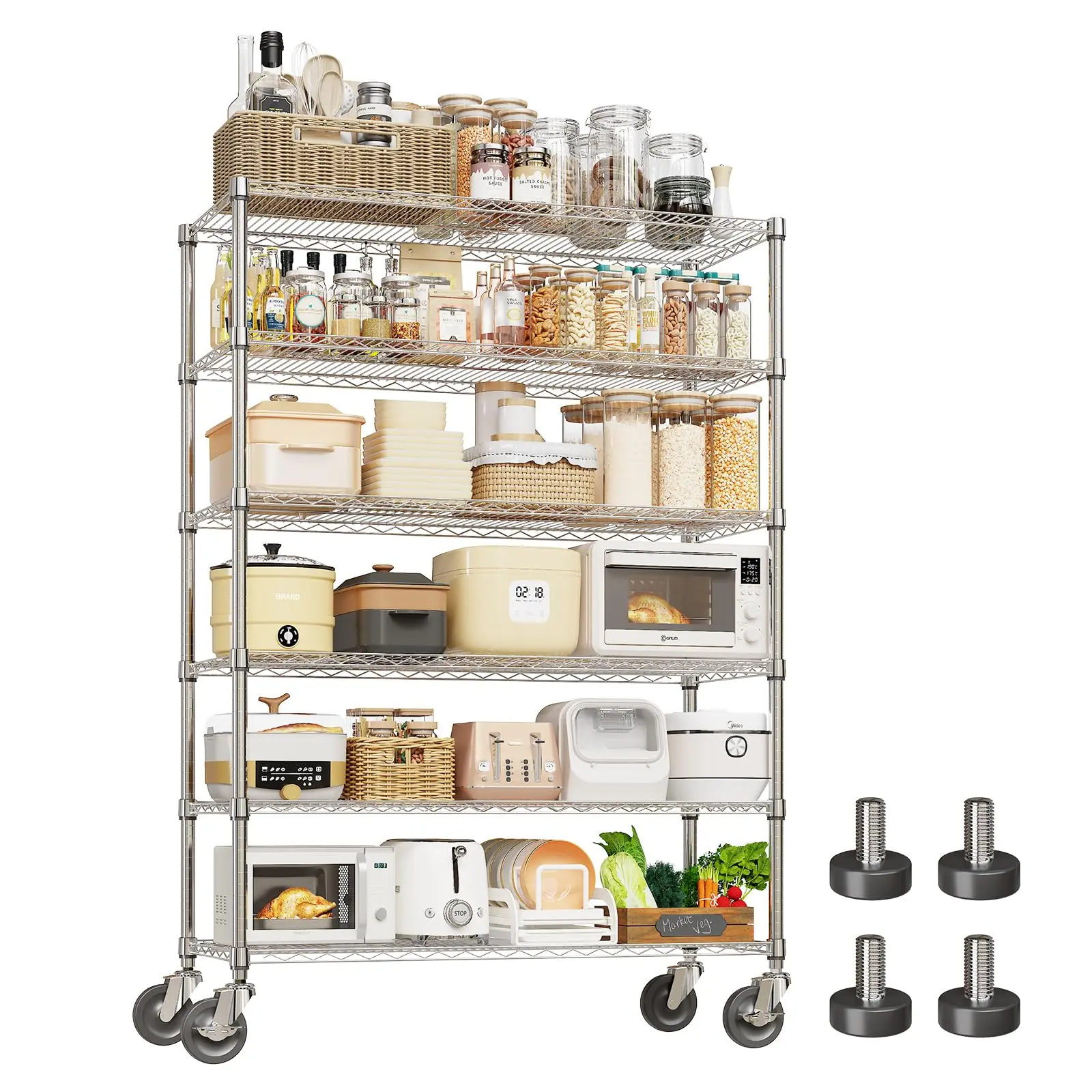 Heavy-Duty Wire Shelving Unit with Wheels, 6-Tier Adjustable Chrome Metal Rolling Storage Rack - 47.2"W x 17.7"D x 70.9"H, Lockable Casters, 2640 lb Capacity