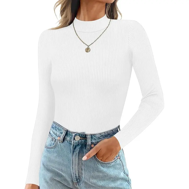 Women’s Ribbed Mock Turtleneck Top, Slim-Fit Long Sleeve Thermal Shirt, Lightweight Fitted Undershirt for Fall, Winter, Layering & Everyday Wear