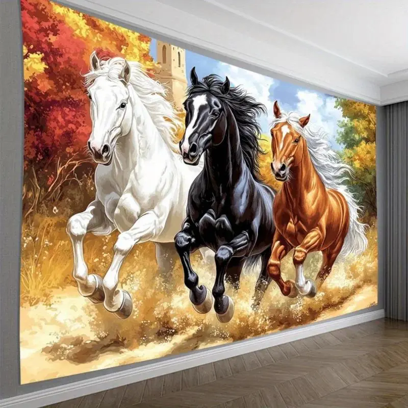 Tri-Color Galloping Horses Tapestry Dynamic Autumn Forest Art Wall Hanging Living Room & Bedroom Feature Wall Decor