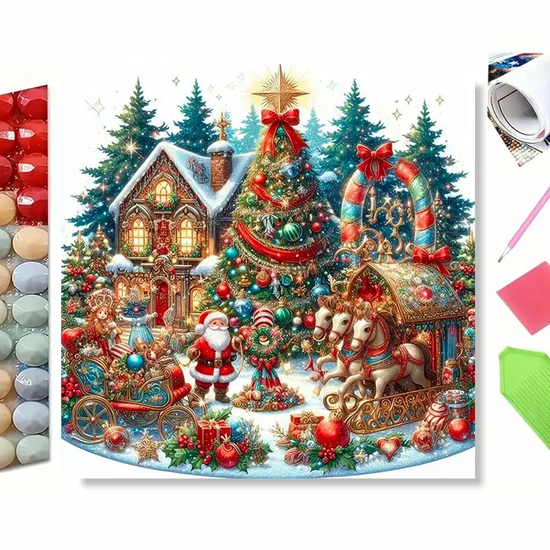 DIY 5D Diamond Painting Kit, Festive Christmas Winter Village Scene, Santa Claus, Decorated Xmas Tree, Gingerbread House, Horse‑drawn Sleigh, Gifts and Snowy Pine Forest, Vibrant Holiday‑themed Diamond Art, Home Wall Decor, Perfect Christmas Holiday Gift