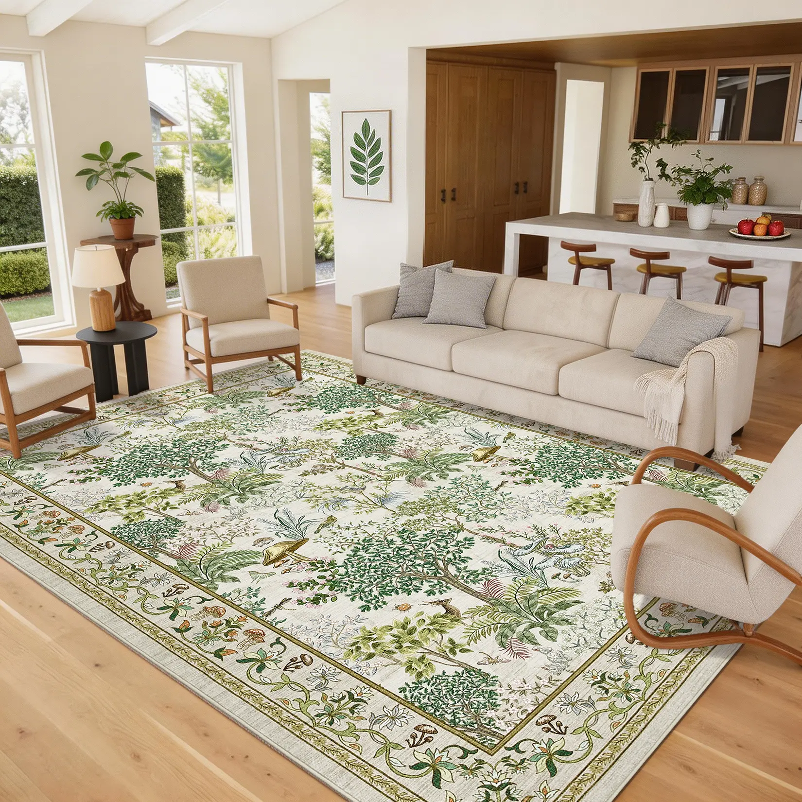 Mushroom Print Area Rug with Floral Border, Washable Non-Slip Foldable Non-Shedding Carpet for Living Room, Game Room, Study, Dining Room & Entryway