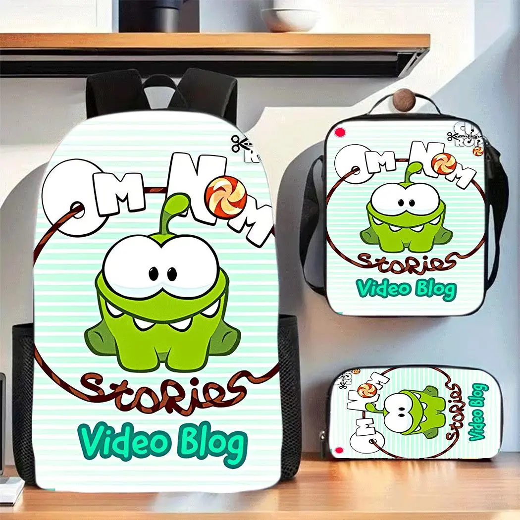 Durable Water-Resistant 3-Piece Backpack Set for Kids, Lightweight School Bag with Lunch Box, Mint Green Thin Striped Background Cute Om Nom Green Candy Monster Video Blog Cartoon Graphic Print, Spacious 15in Laptop Backpack with Soft Padded Straps