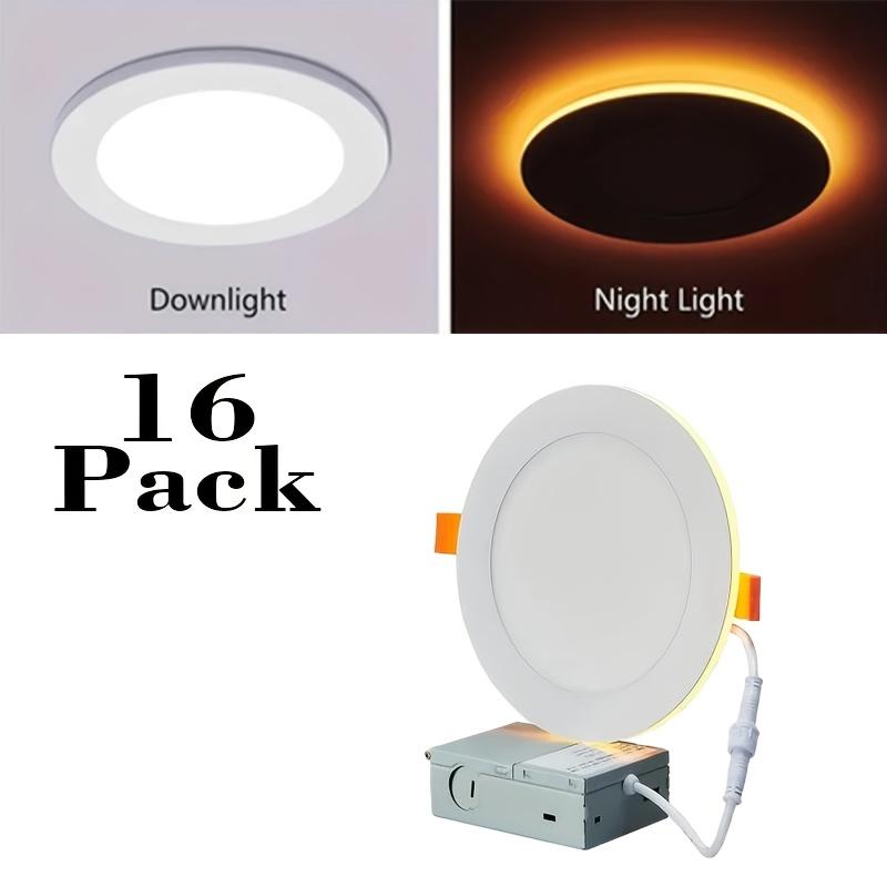 4/8/16-pack 6-inch ultra-thin LED recessed ceiling lights with night light function, includes junction box, 5 selectable color temperatures (2700K-5000K), dimmable, 120V, 12W high brightness, suitable for modern interior decoration.