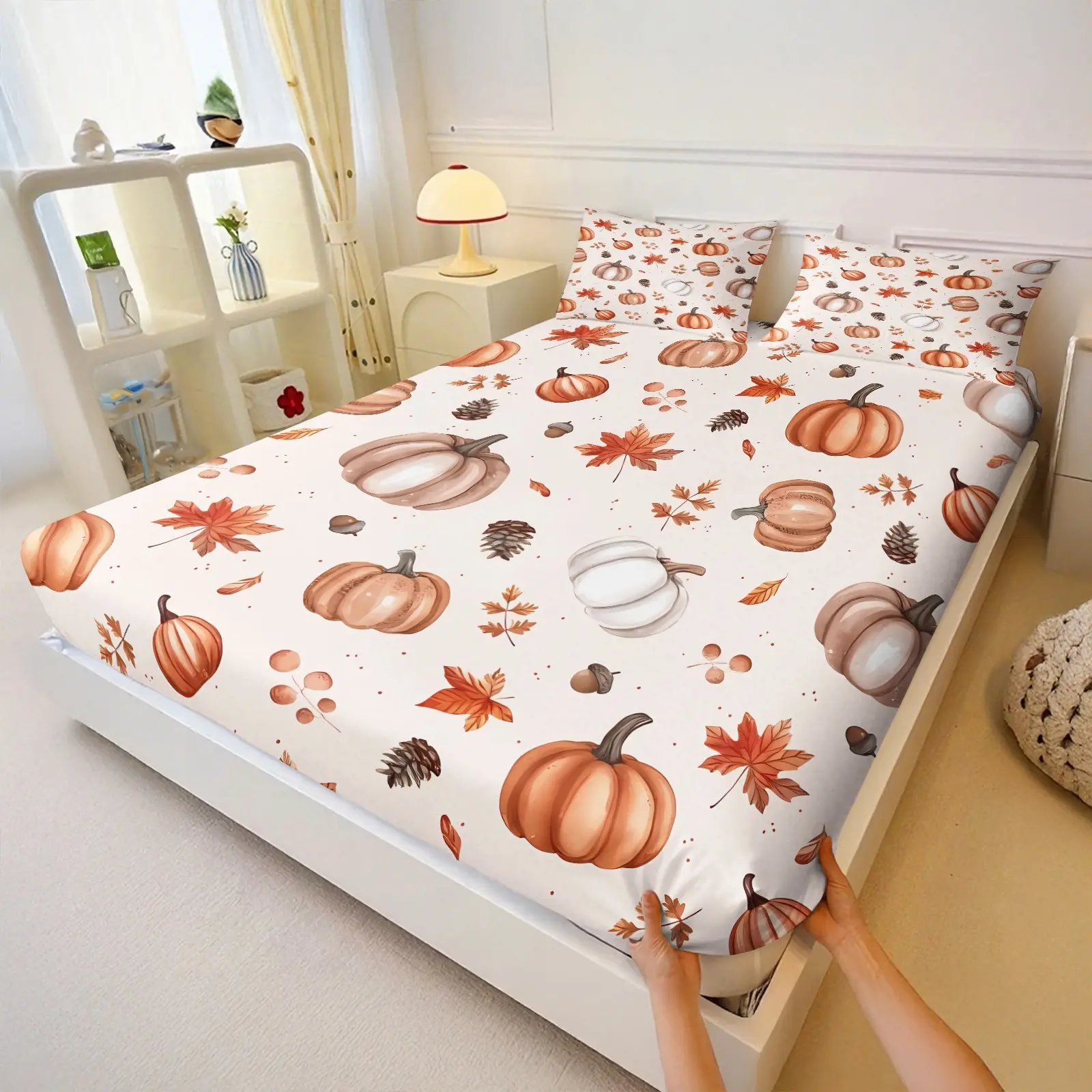3Pcs Autumn Pumpkin Maple Leaf Fitted Sheet Set, Fall Harvest Farmhouse Pattern Bed Sheets Set, Soft Microfiber Bedding Set for Rustic Bedroom Decor, King/Queen/Full Size Bedding Collection No Fillers