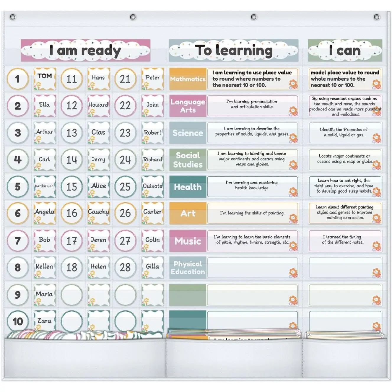 Modern Heavy-Duty Synthetic Visible Learning Classroom Pocket Chart - Dry Erase Goal Tracking Board for Students, Motivational Incentive Tool (White)